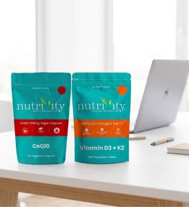 Nutrivity energy supplements — CoQ10 300mg and Vitamin D3 K2 pouches