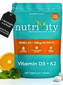 Vitamin D3 4000 IU + Vitamin K2 MK7 100µg | 12 Months Supply (365 Vegan Tablets)