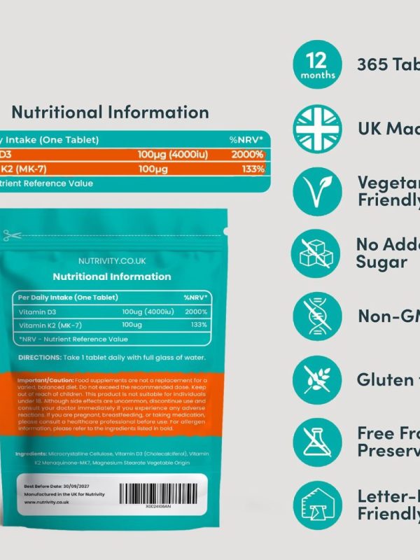 Vitamin D3 4000 IU + Vitamin K2 MK7 100µg | 12 Months Supply (365 Vegan Tablets)