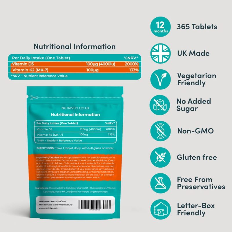 Vitamin D3 4000 IU + Vitamin K2 MK7 100µg | 12 Months Supply (365 Vegan Tablets) - Image 3