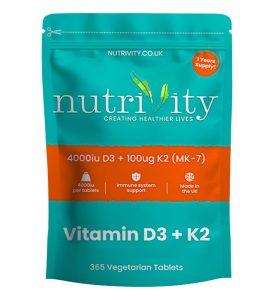 Nutrivity Vitamin D3 K2 dosage UK — 4000 IU D3 100mcg K2 MK7