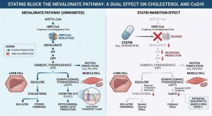 How statins deplete CoQ10 — mevalonate pathway diagram