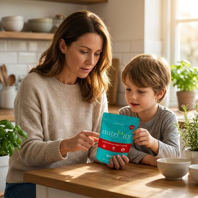 Vegan supplements for children and families UK — parent reading supplement label