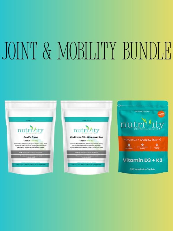 Joint Mobility Bundle showing all three products Devils Claw, Cod Liver Oil, Omega 3 & Glucosamine & Vitamin D3 + K2