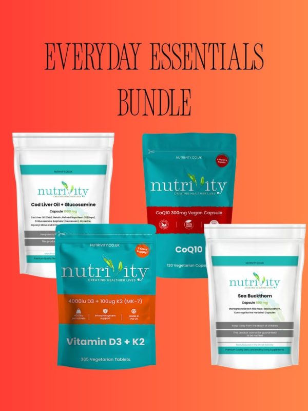 Everyday Essentials Bundle Vitamin D3 K2 coq10 cod liver oil glucosamine sea buckthorn