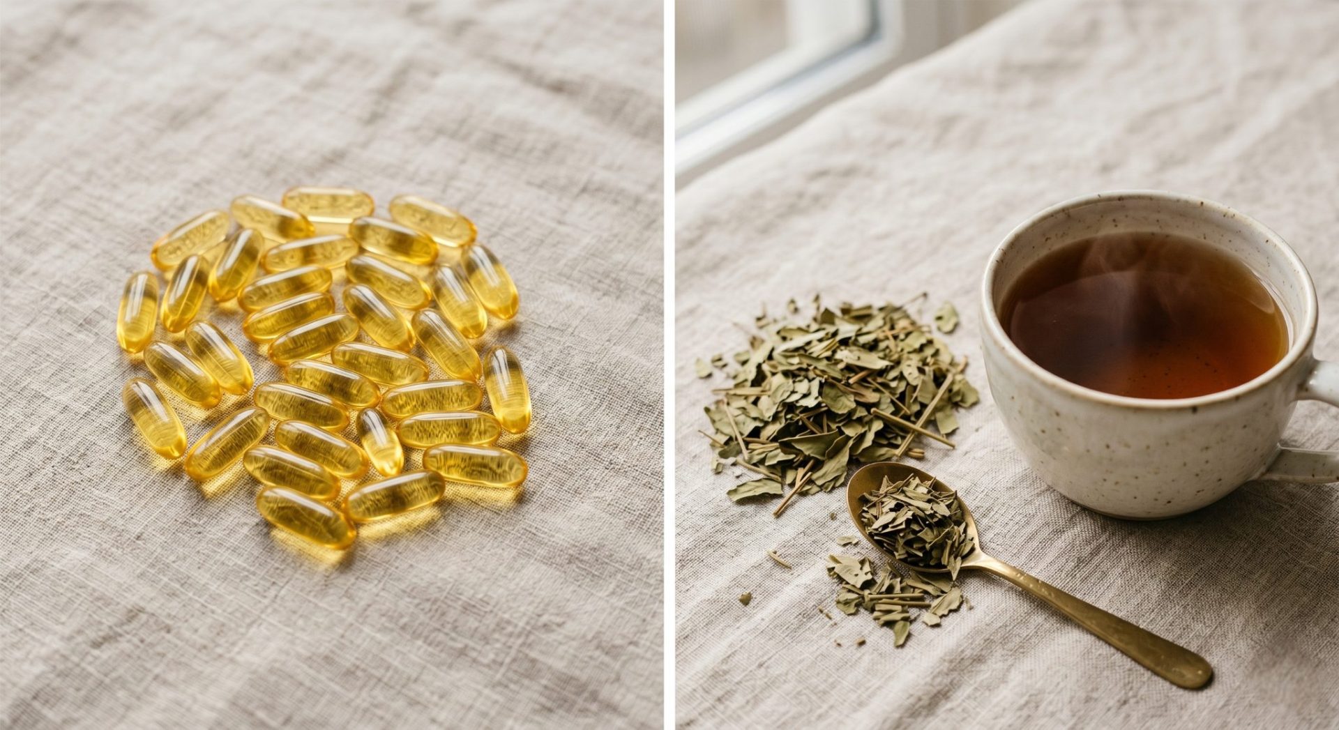 Castor oil capsules beside senna leaf tea representing two natural constipation remedies