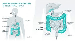 Simplified illustration of the digestive system showing where stimulant laxatives act