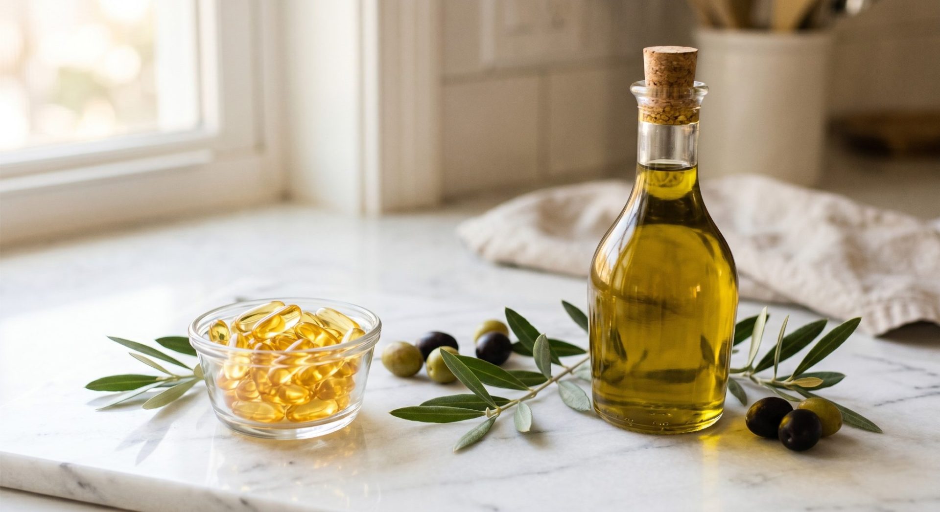 Olive oil soft gel capsules next to a bottle of liquid virgin olive oil