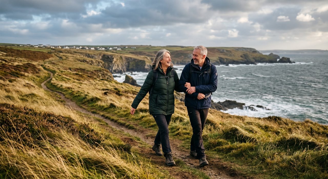 An editorial lifestyle photograph of a smiling middle-aged couple walking arm-in-arm along a rugged coastal path in the British countryside. They are wearing outdoor jackets, moving freely and happily against a backdrop of windswept grass, cliffs, and a dramatic grey-blue sea under breaks of natural sunlight.