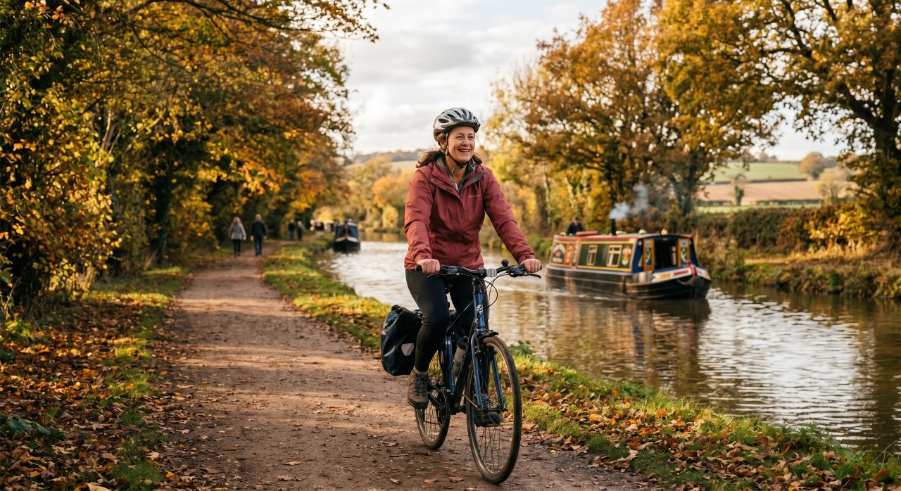 Woman cycling along a canal towpath in the English countryside with autumn colours