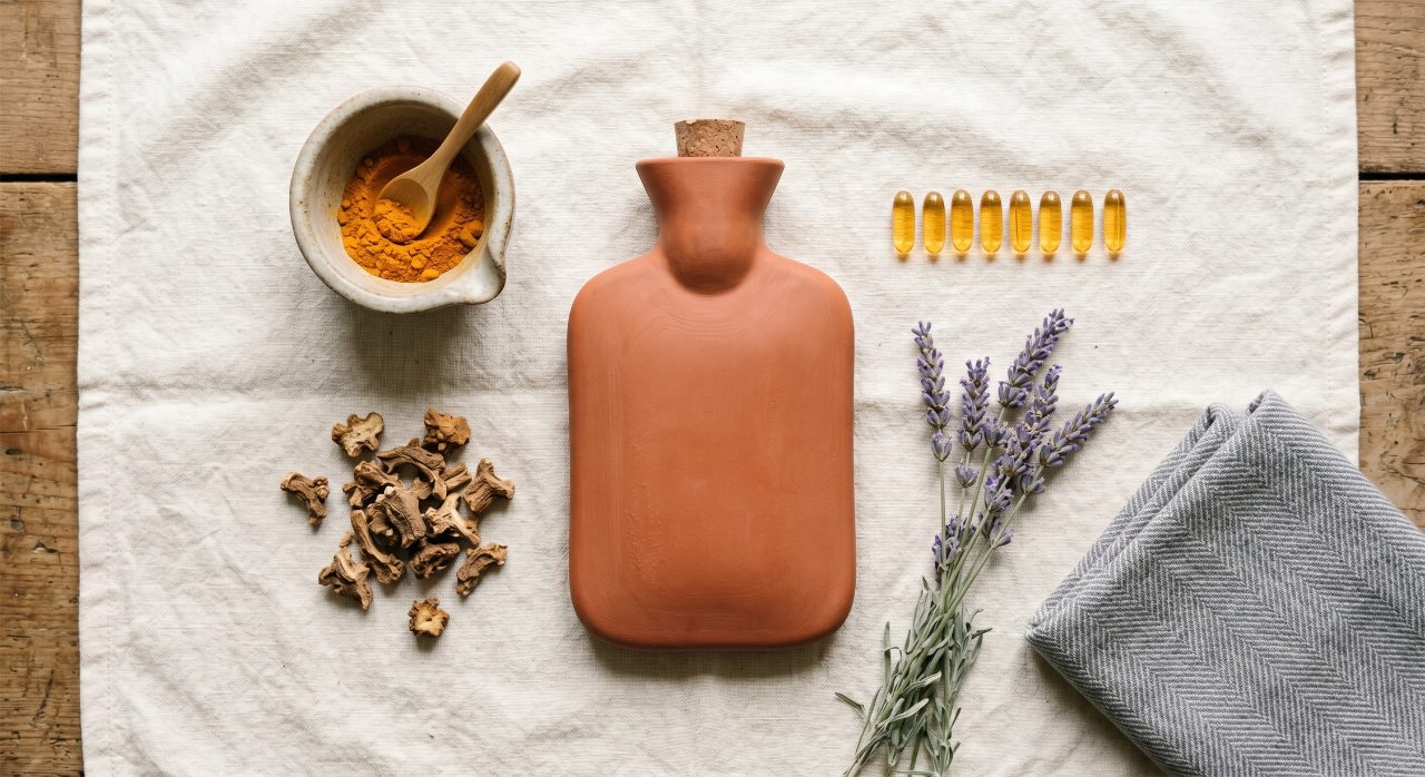 Hot water bottle, dried herbal remedies and supplement capsules arranged on a linen cloth