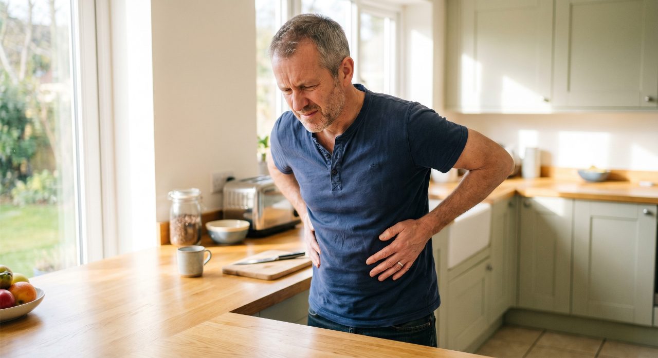 Man pressing his hands into his lower back while standing at a kitchen counter in morning light