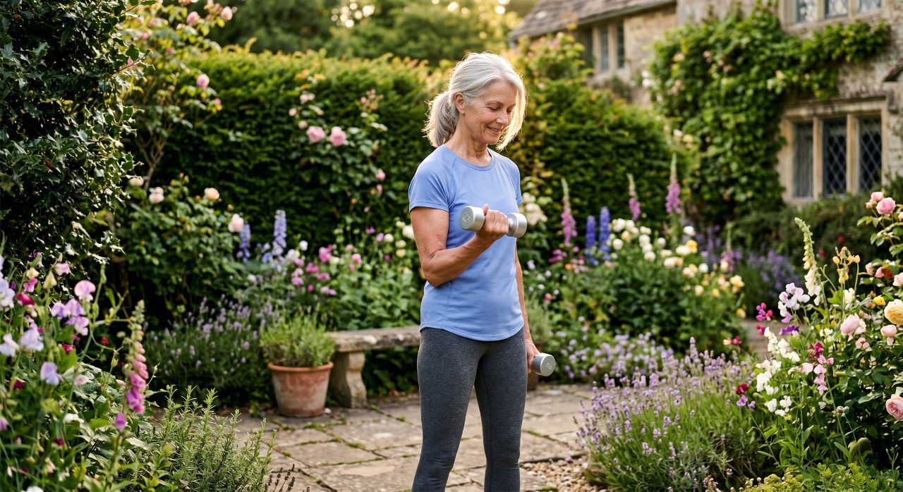 Older woman lifting light dumbbells outdoors in a sunny British garden for bone health