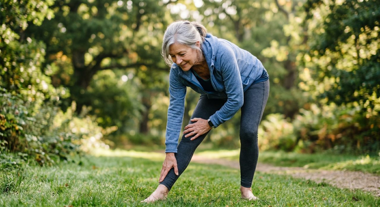 Best Joint supplements of a women in the park stretching and feeling better after taking supplements from nutrivity