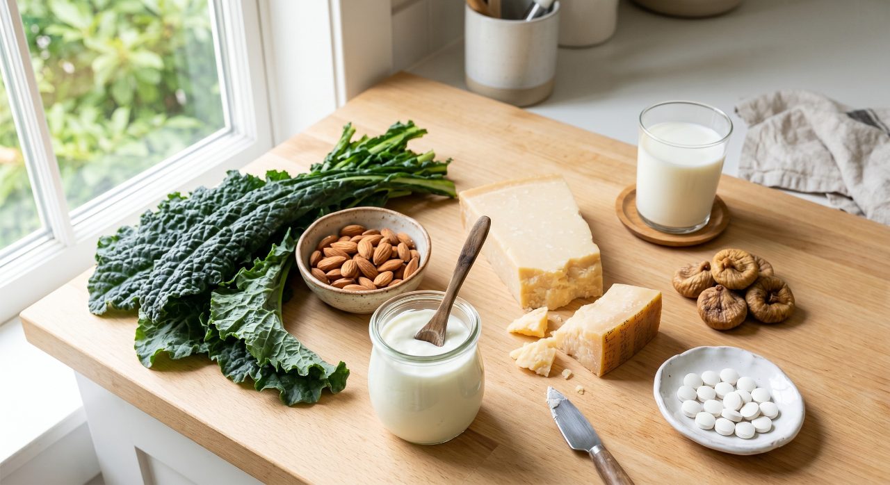 Calcium-rich foods including leafy greens, almonds, yoghurt and supplement tablets on a kitchen counter