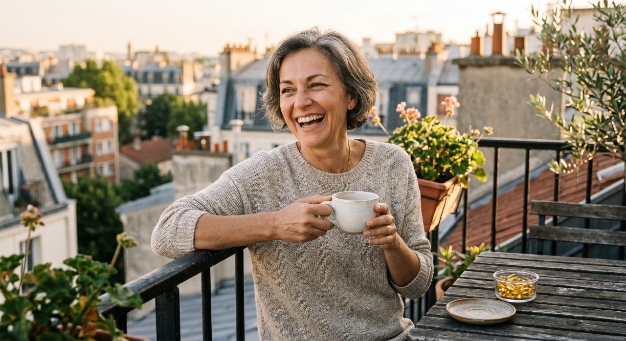 Vibrant woman in her 50s laughing on a balcony with morning coffee and supplement capsules