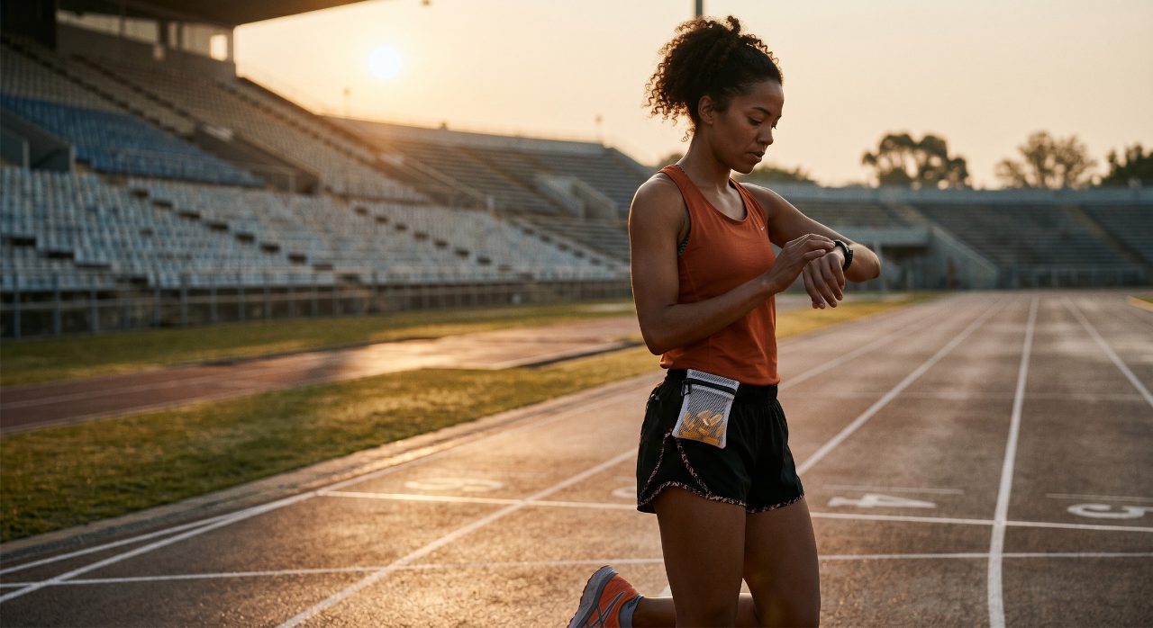 Runner checking a sports watch on a track at dawn with supplement capsules in a small pouch