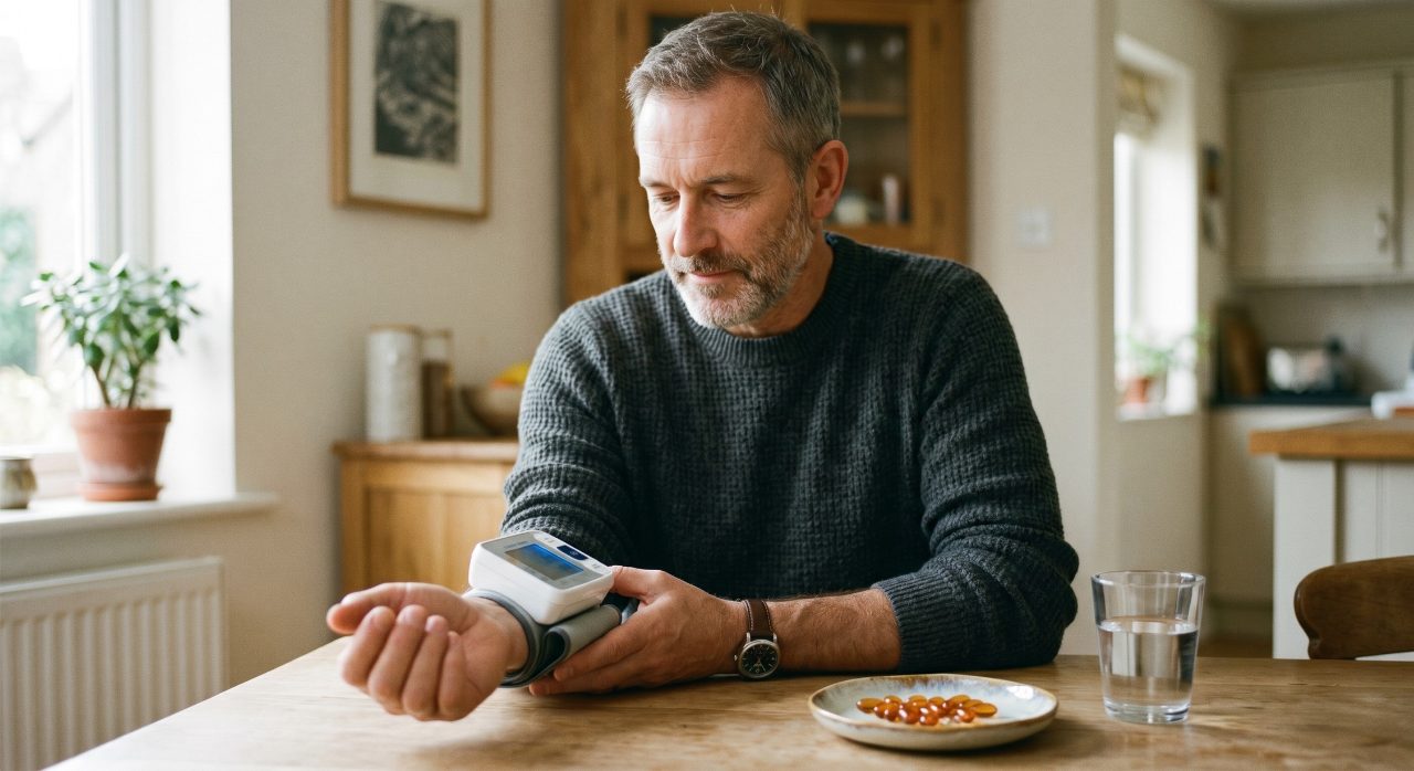 Person checking their blood pressure at home with a digital monitor and supplement capsules nearby