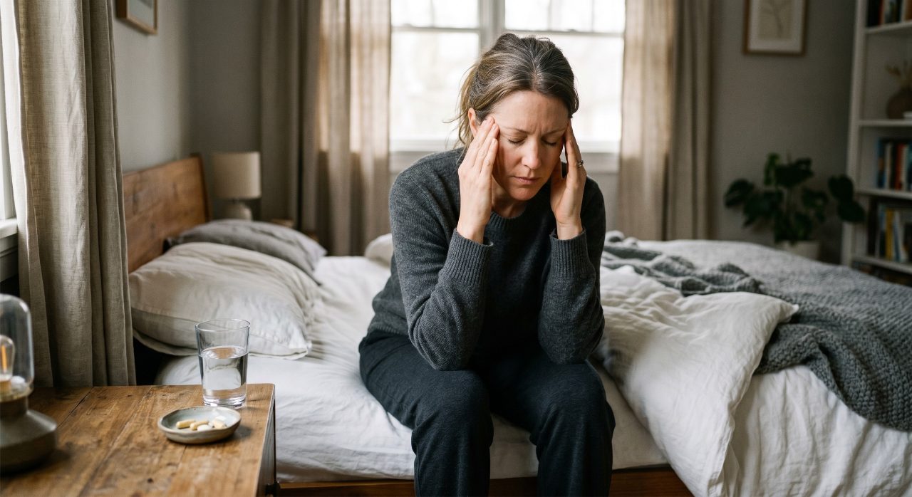 Woman sitting quietly in a dimly lit room holding her temples with supplement capsules on the bedside table