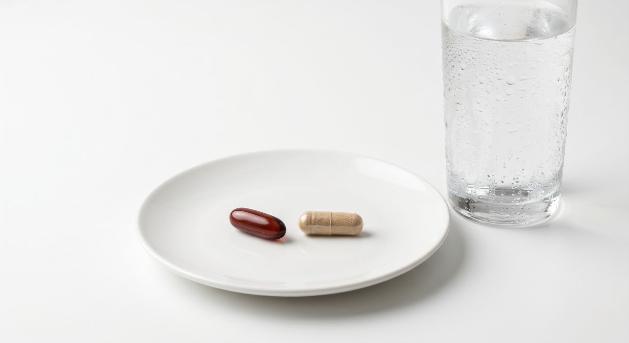 Two different supplement capsules side by side on a clean white surface with a glass of water