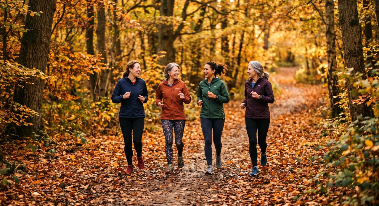 Small group of middle-aged runners jogging together on a woodland trail in autumn