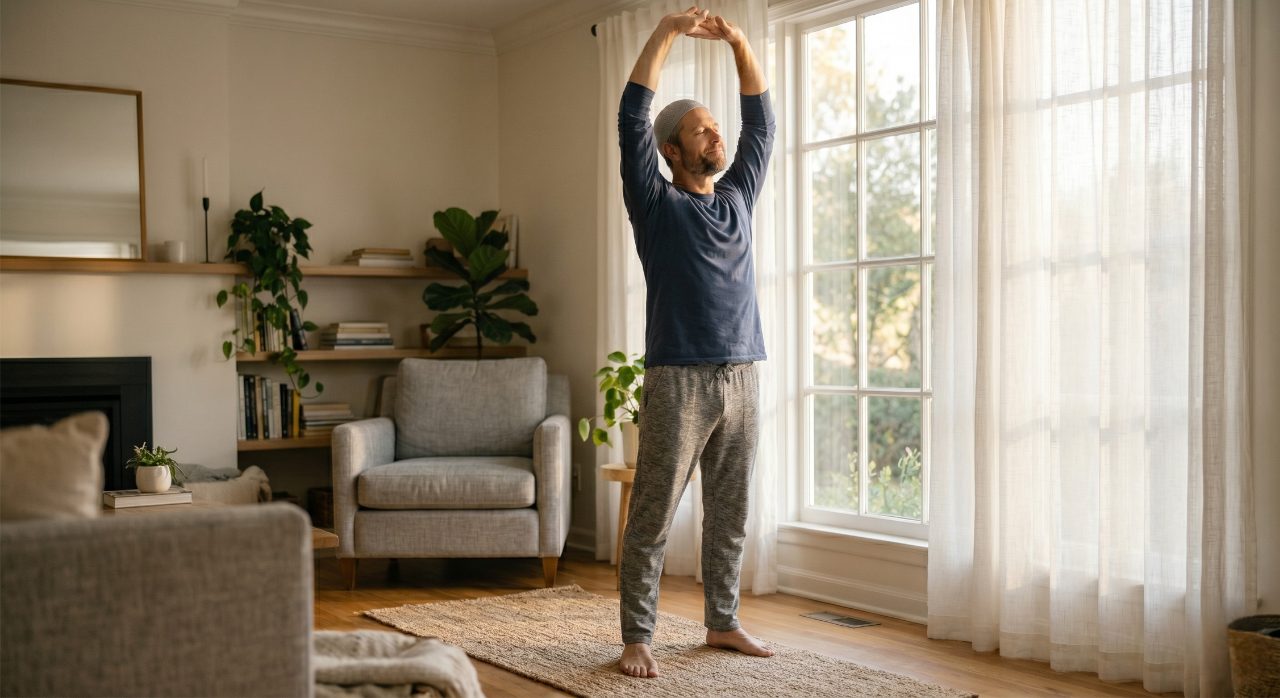 Man stretching comfortably at home, illustrating everyday joint mobility and wellbeing