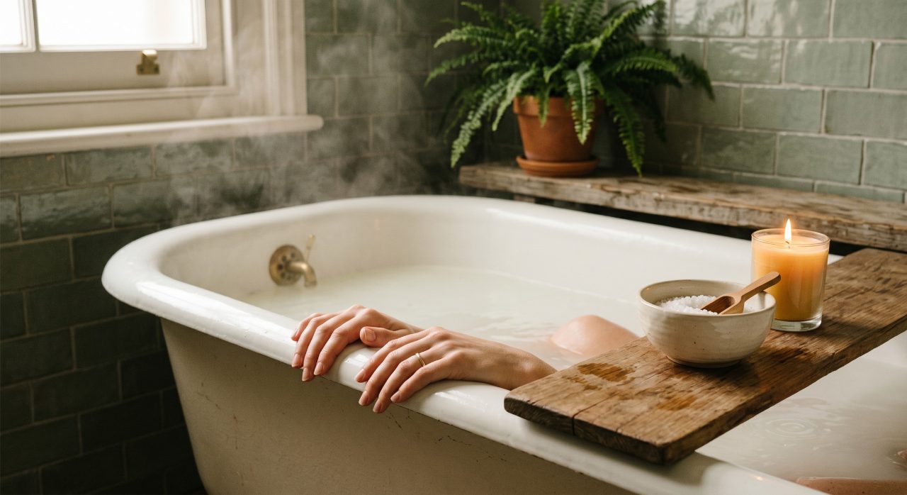 Woman relaxing in a warm bath with Epsom salts and candles for natural joint pain relief