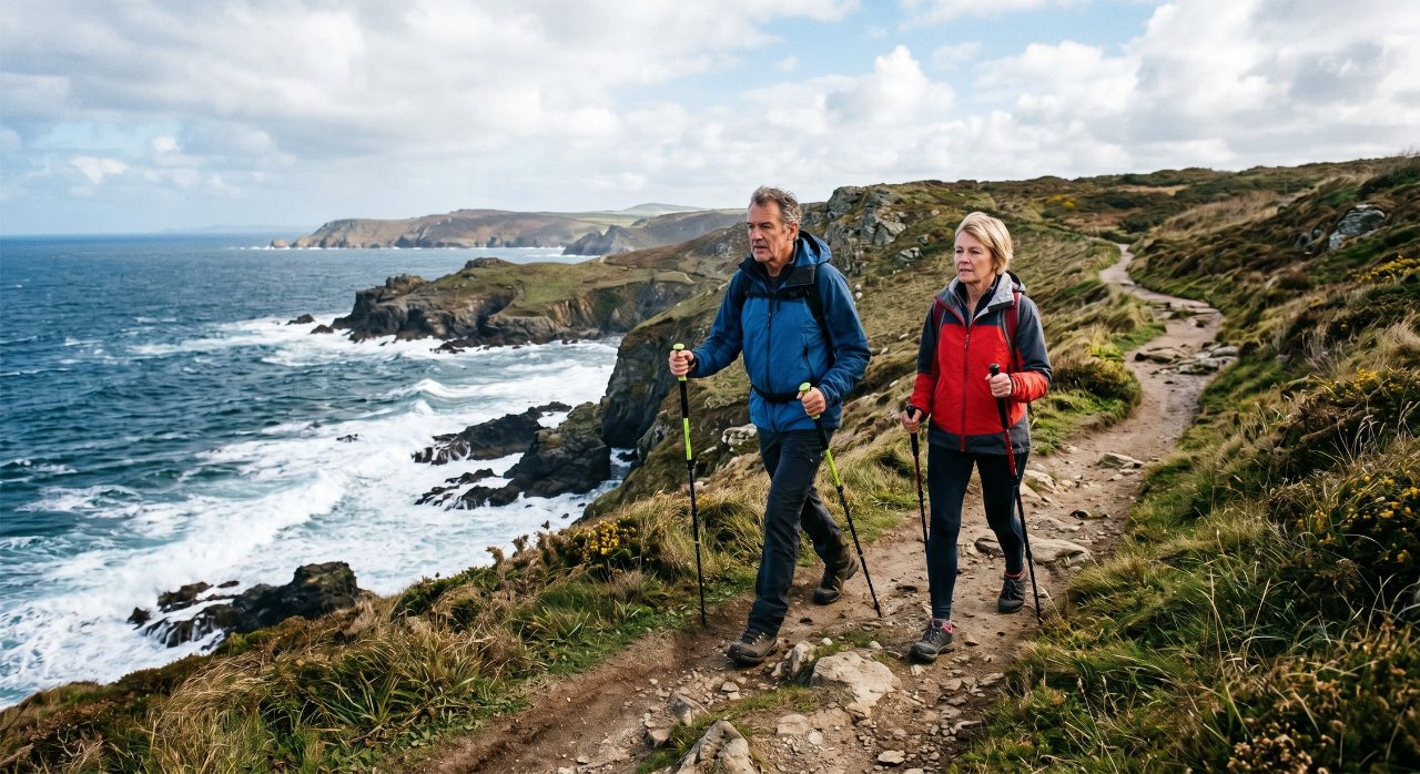 Active couple in their 60s walking a coastal path in Cornwall with walking poles