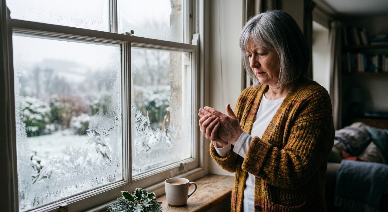Person rubbing their stiff hands while looking out a frost-covered window on a grey winter morning