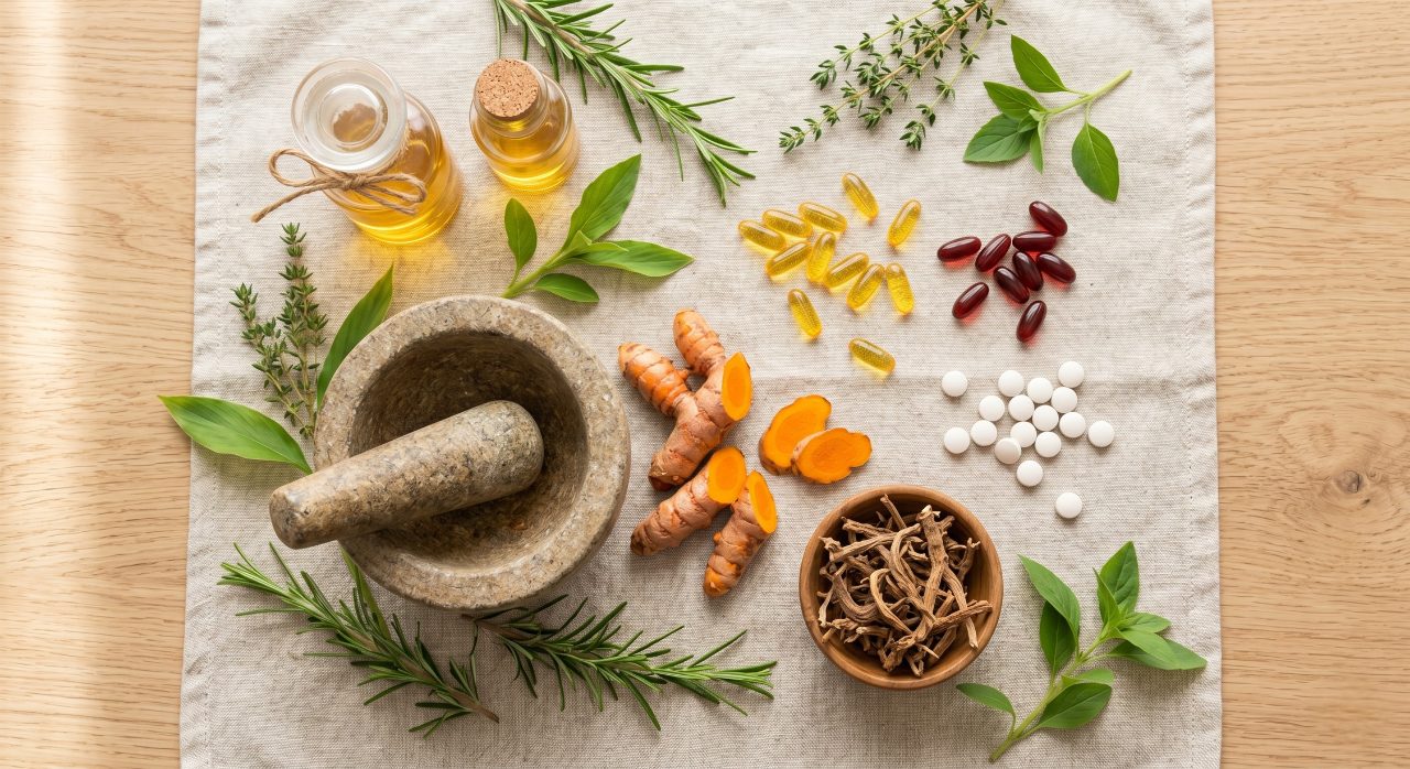 A minimalist overhead flat lay of natural joint health supplements on a light wooden table and linen cloth. Features fresh sliced turmeric root, a stone mortar and pestle, dried devil's claw herb in a small wooden bowl, golden fish oil softgels, maroon capsules, white tablets, representing devils claw, cod liver oil omega 3 + Glucosamine and vitamin d3 and K2 and fresh green herbs in soft window light.