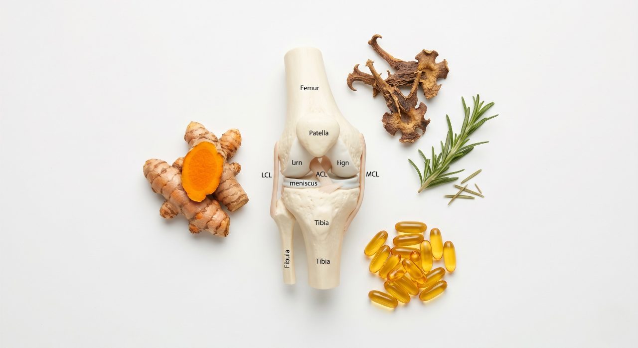 Natural joint health ingredients including turmeric, ginger and supplement capsules arranged around an anatomical knee model