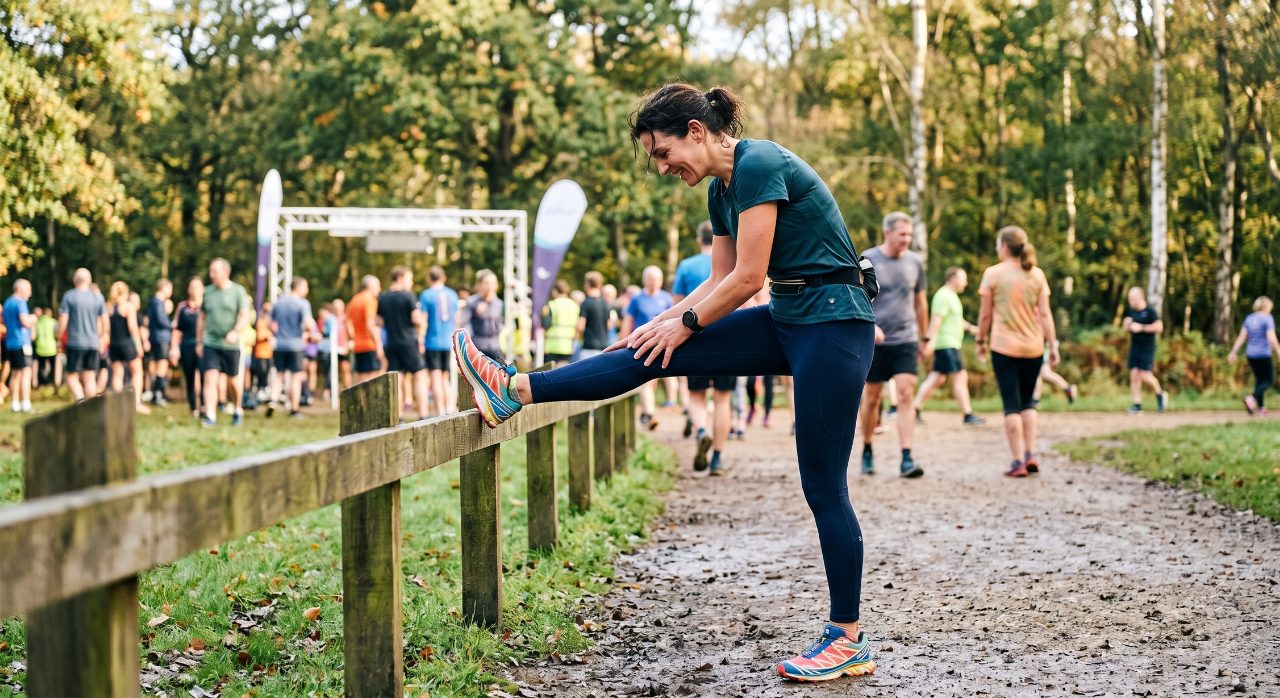 Female runner doing a standing hamstring stretch against a wooden fence in a park after a run
