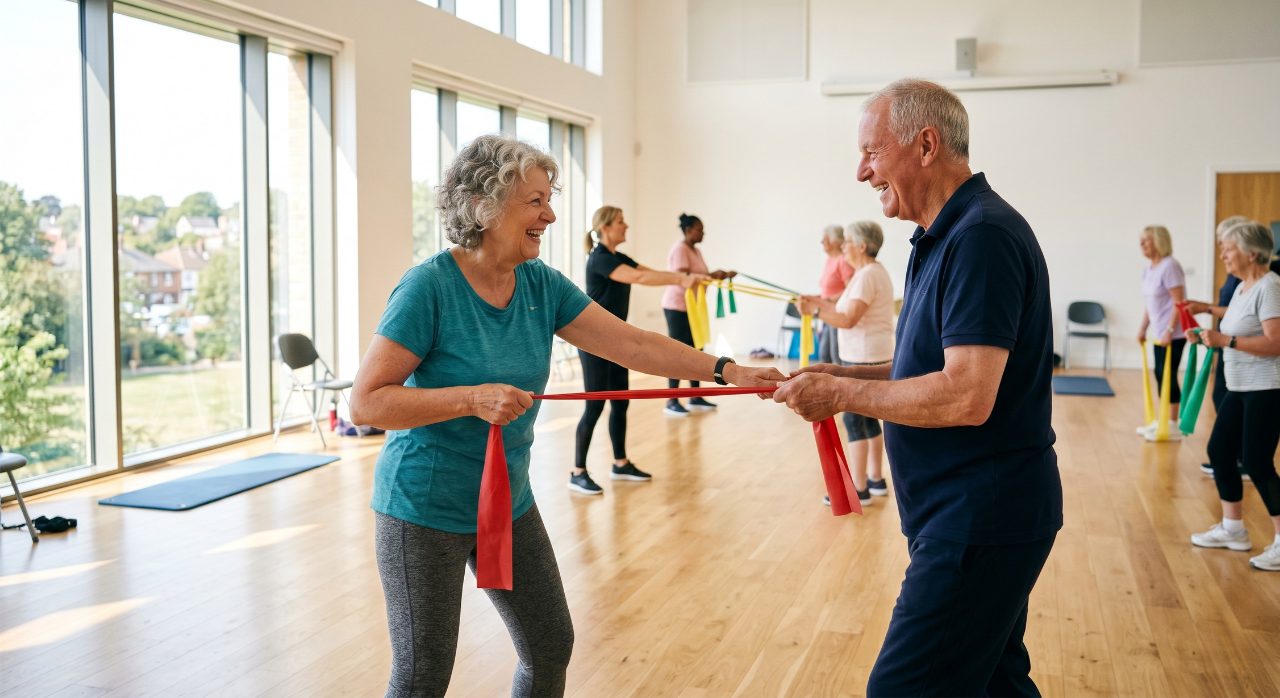 Older couple doing resistance band exercises together in a community hall for bone strength
