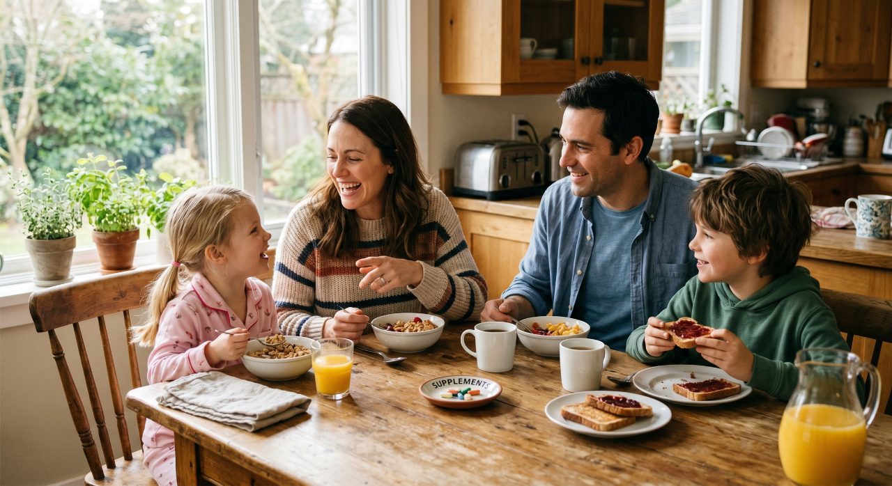 Family having breakfast together at a kitchen table with vitamins and supplements visible
