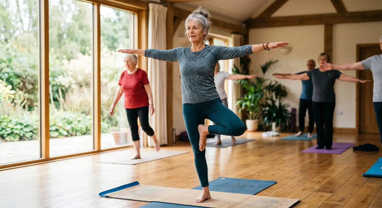 Older woman doing a single-leg balance exercise in a bright community fitness class