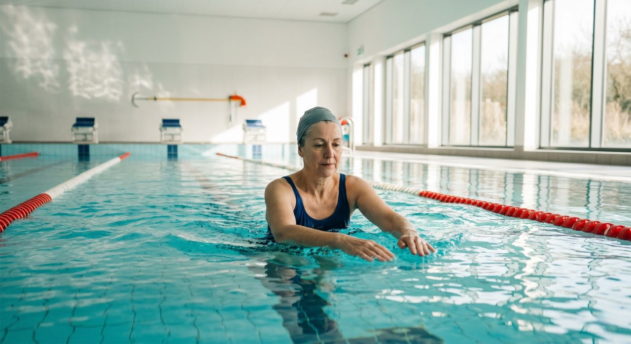 Woman swimming breaststroke in an indoor pool with natural light for back pain recovery